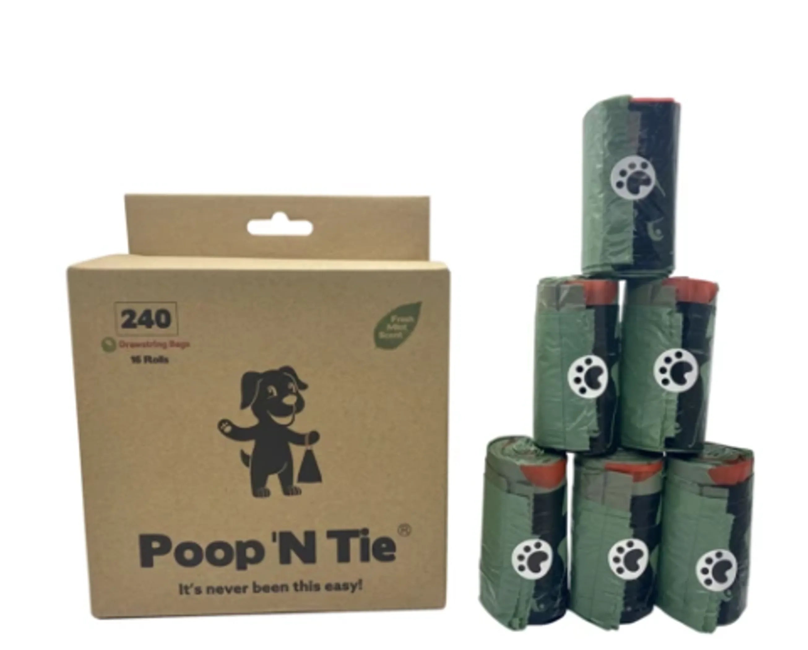 Poop 'N Tie Drawstring Dog Waste Bags – 240 Mint-Scented Biodegradable Bags